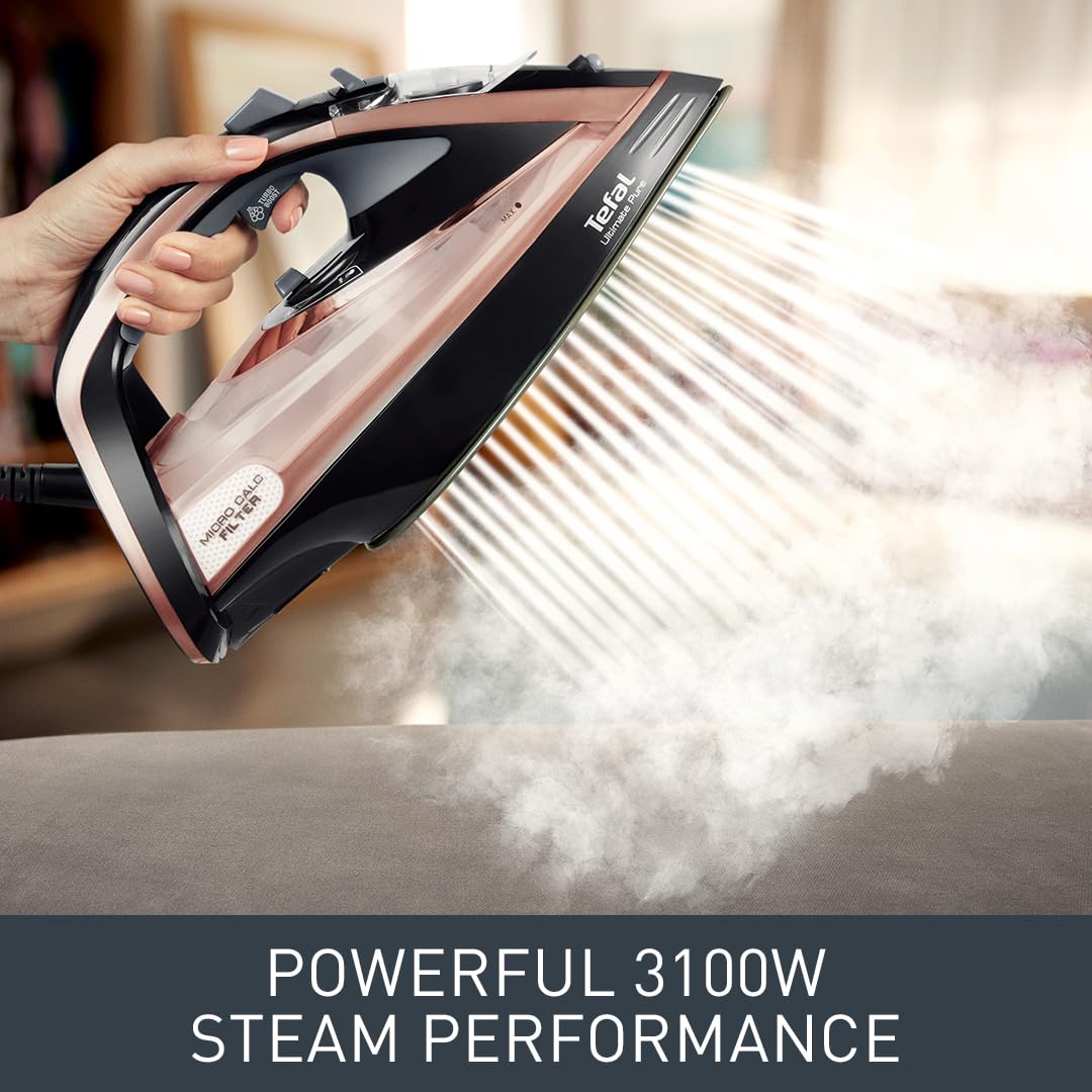 Tefal Ultimate Pure Steam Iron, 3100W, 260g/min Steam Boost, 350ml Water Tank, 3m Cord, Non-Stick Durilium Soleplate, Anti Scale, Anti-drip, Black and Rose Gold FV9845G0