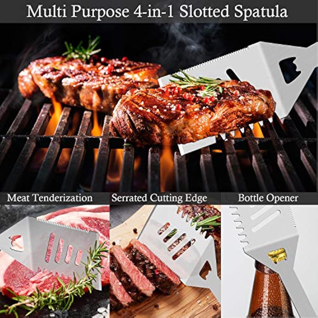ROMANTICIST 29pcs BBQ Grill Tool Set for Men Dad, Heavy Duty Stainless Steel Grill Utensils Set, Non-Slip Grilling Accessories Kit with Thermometer, Mats in Aluminum Case for Travel, Outdoor Silver
