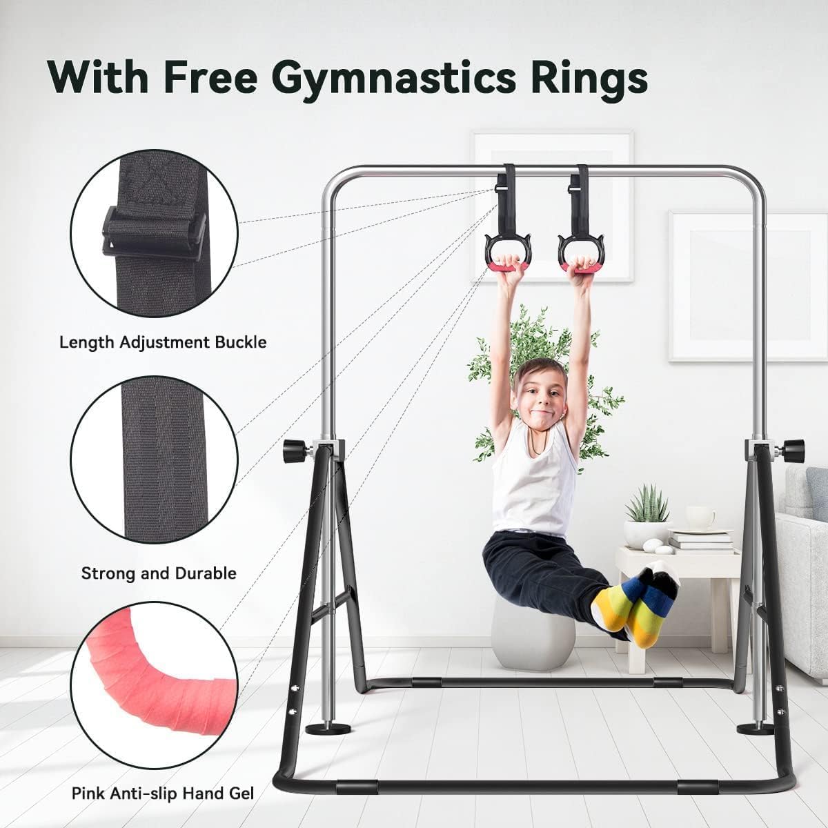 FBSPORT Gymnastics Bar, Folding Horizontal Bar Gymnastics Equipment for Kids Home Training, Expandable Gymnastics Training Bar Junior with Adjustable Height for Girls Boys