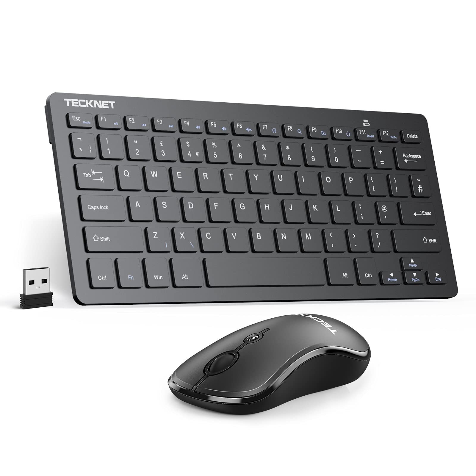 TECKNET Mini Wireless Keyboard and Mouse Set, 2.4G Cordless USB Keyboard and Silent Mouse Comb with Nano USB Receiver, 12 Months Battery Life, 12 Multimedia Shortcuts for Computer, PC, Laptop, Black