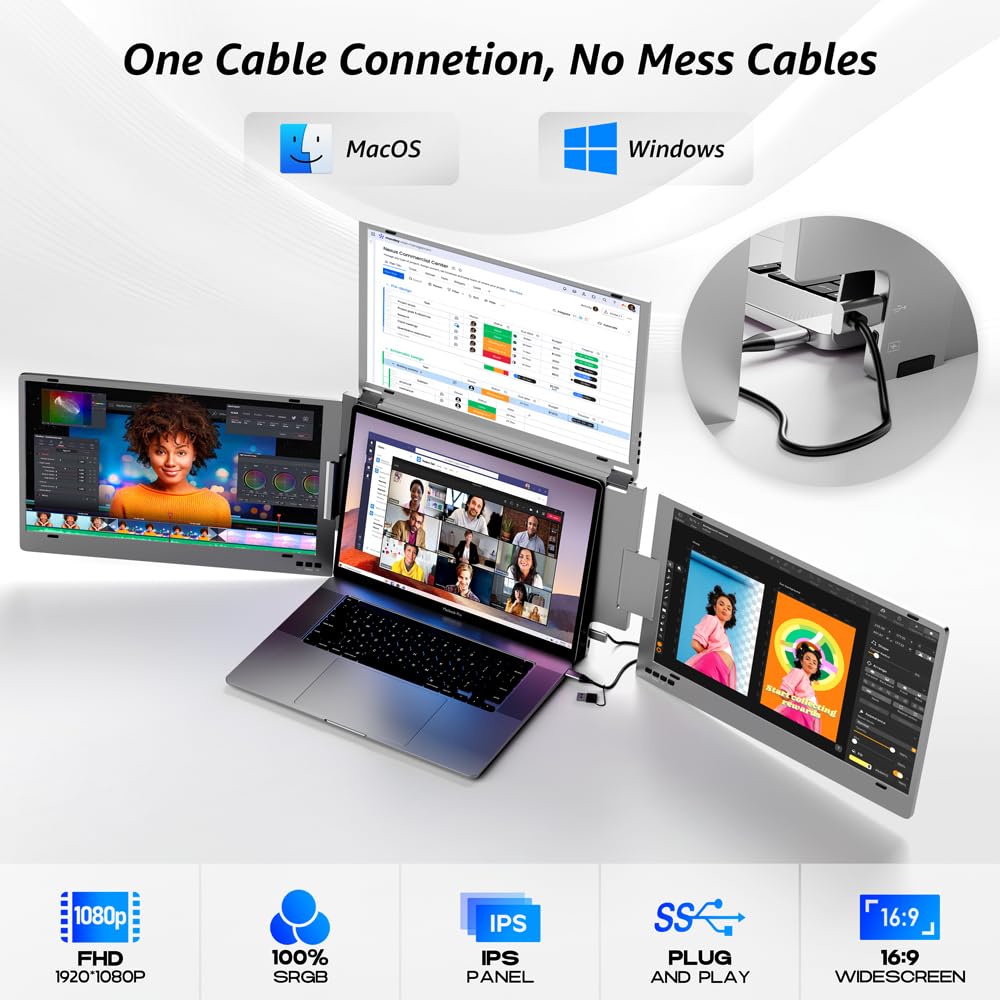 14" Triple Laptop Screen Extender, FHD IPS Multi Screen Extender with USB-C/USB-A, One Cable Connection Laptop Monitor Extender Compatible with Mac Windows Fits 11.6-15.6 Inch Laptops