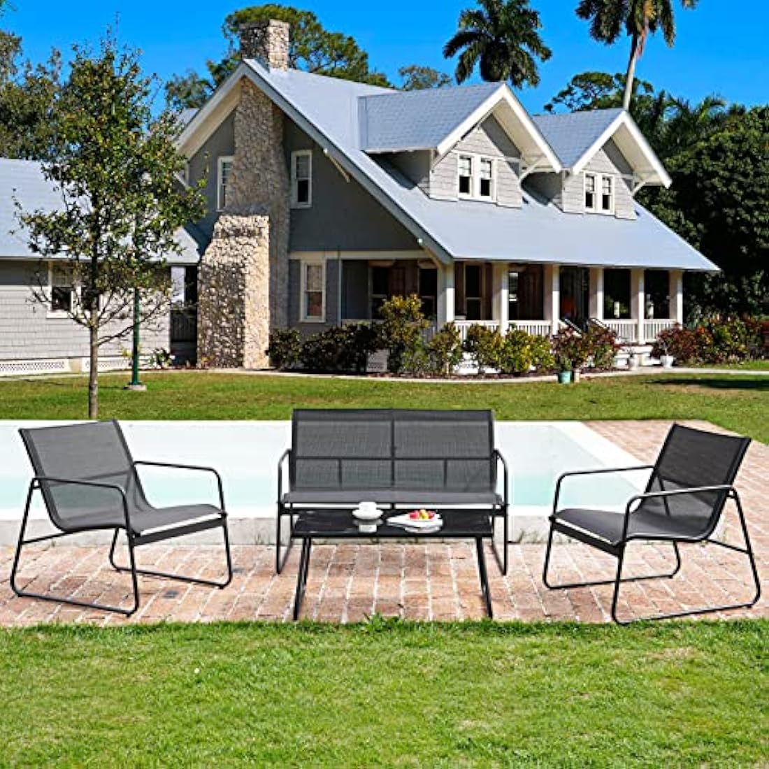 Grand patio Conversation Sets 4 Pieces, Garden Table, 2 Chairs, Loveseat, Waterproof, Breathable, Garden Furniture Sets for Outdoor, Backyard, Poolside (Black)