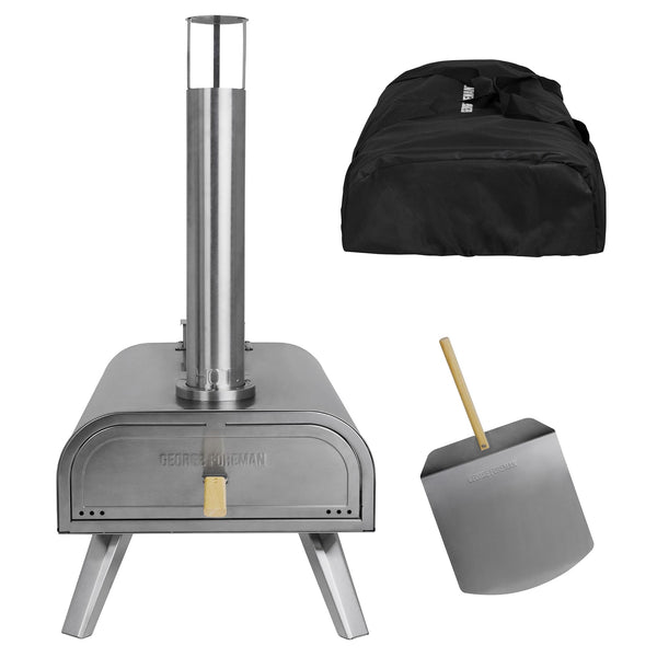 George Foreman Outdoor 12 Inch Wood Pellet Portable Wood Fired Pizza Oven Stainless Steel with Paddle and Carry Bag, BBQ Oven & Smoker, Foldable Legs GFWPPO1SSPC