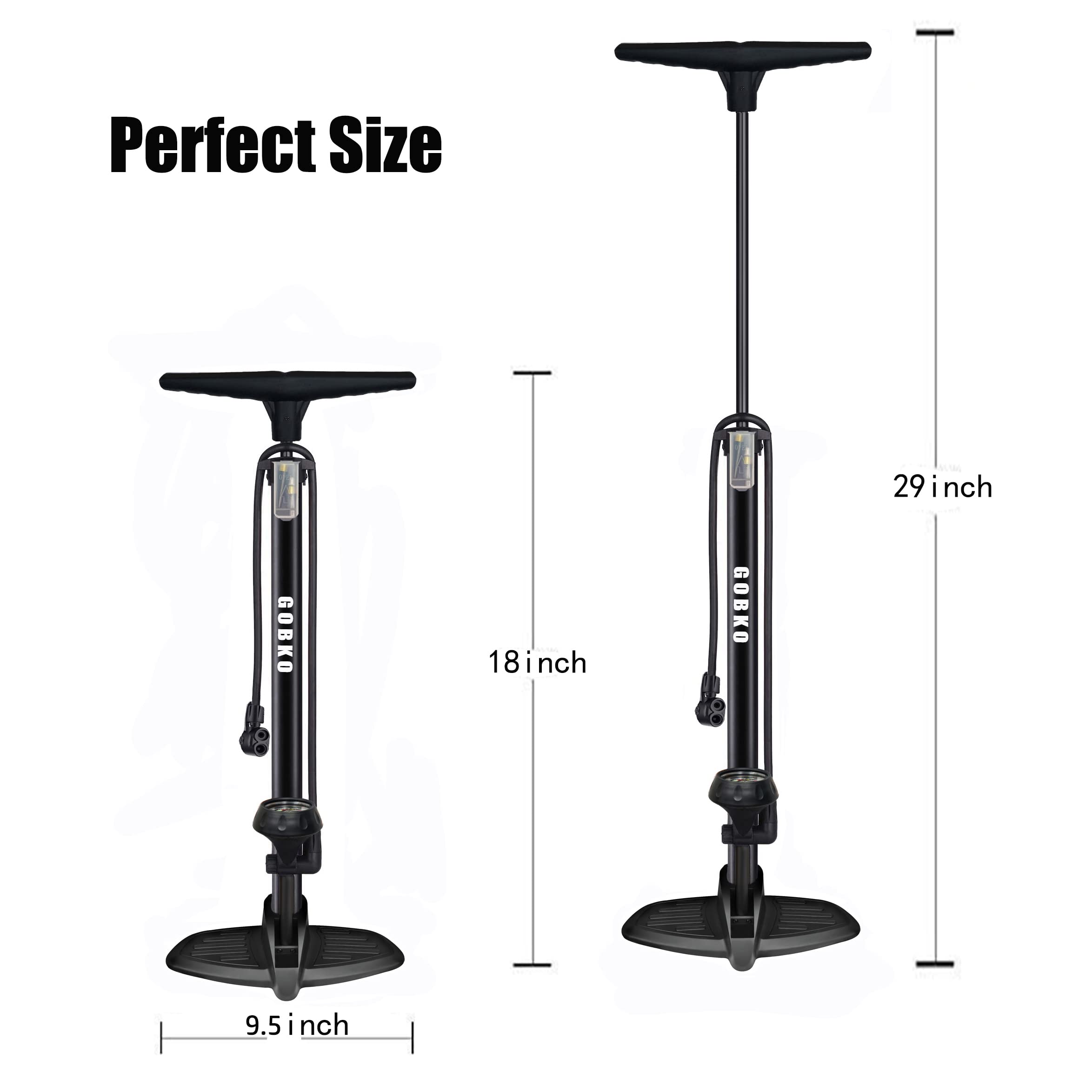 GOBKO Bike Pump Bicycle Floor Pump with Gauge, Bicycle Pumps with Presta and Schrader tire Pump multifunctional Air Pump for Road Bike MTB Sports Balls Pump High Pressure 160Psi &11Bar