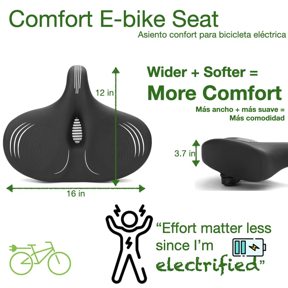 Plus Size Wide E-Bike/Electric Bike Seat Comfort Ride, Tall Asientos para Bicicletas, Ideal as Bicycle Seats for Men or Women with Extra Comfort