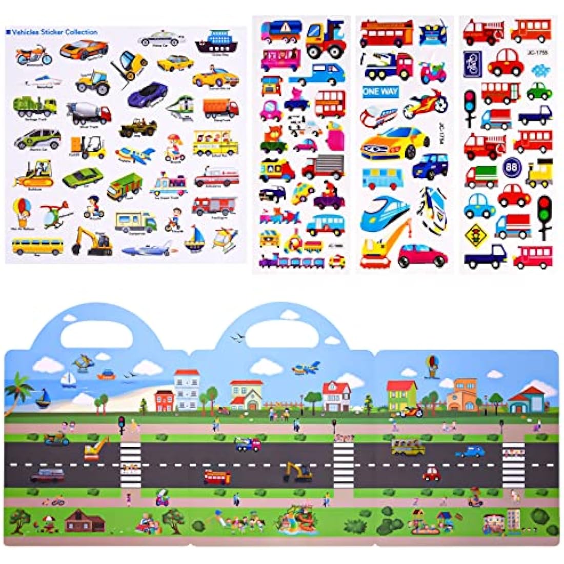 ASTARON Reusable 3D Puffy Sticker Book for Kids, 88 Pcs Cute Waterproof Vehicles Stickers, Puffy Sticker Game Travel Stickers and Educational Sensory Learning Toy（3-6 Age）
