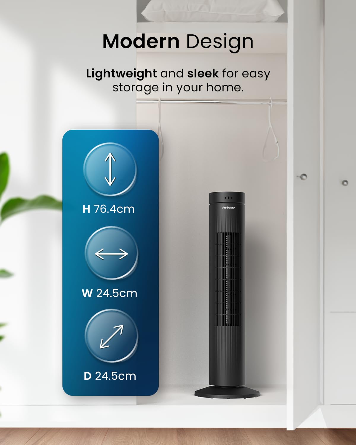 Pro Breeze Bladeless Tower Fan Quiet & Portable with Remote Control, 90° Oscillation, 15h Timer, 4 Modes, 3 Speeds - Powerful Electric 45W Motor Standing Air Circulator for Bedroom & Office