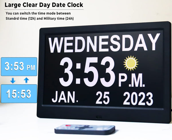 Véfaîî Newest,Dementia Clock 2.0 with Auto DST, 20 Custom Reminders, Day Clock with Sun/Moon icons for Elderly, Sleep Trainer, 7" with Remote & HD Picture Frame