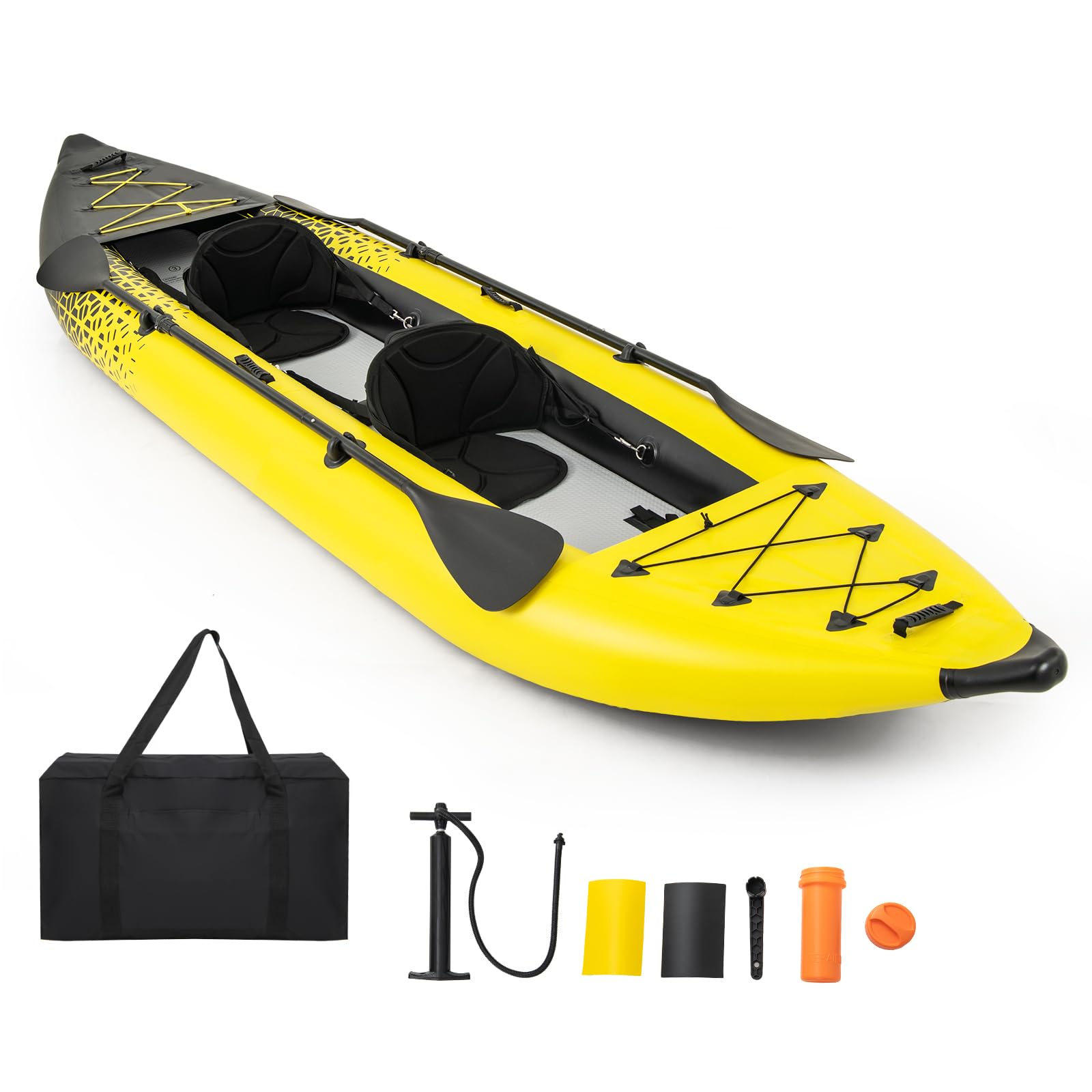 GYMAX Inflatable Kayak Set, 2-Person Inflatable Boat with Aluminum Oars, EVA Padded Seat, Fins, Hand Pump, Repair Kit and Carry Bag, Blow Up Canoe for Lakes, Rivers & Sea Shores