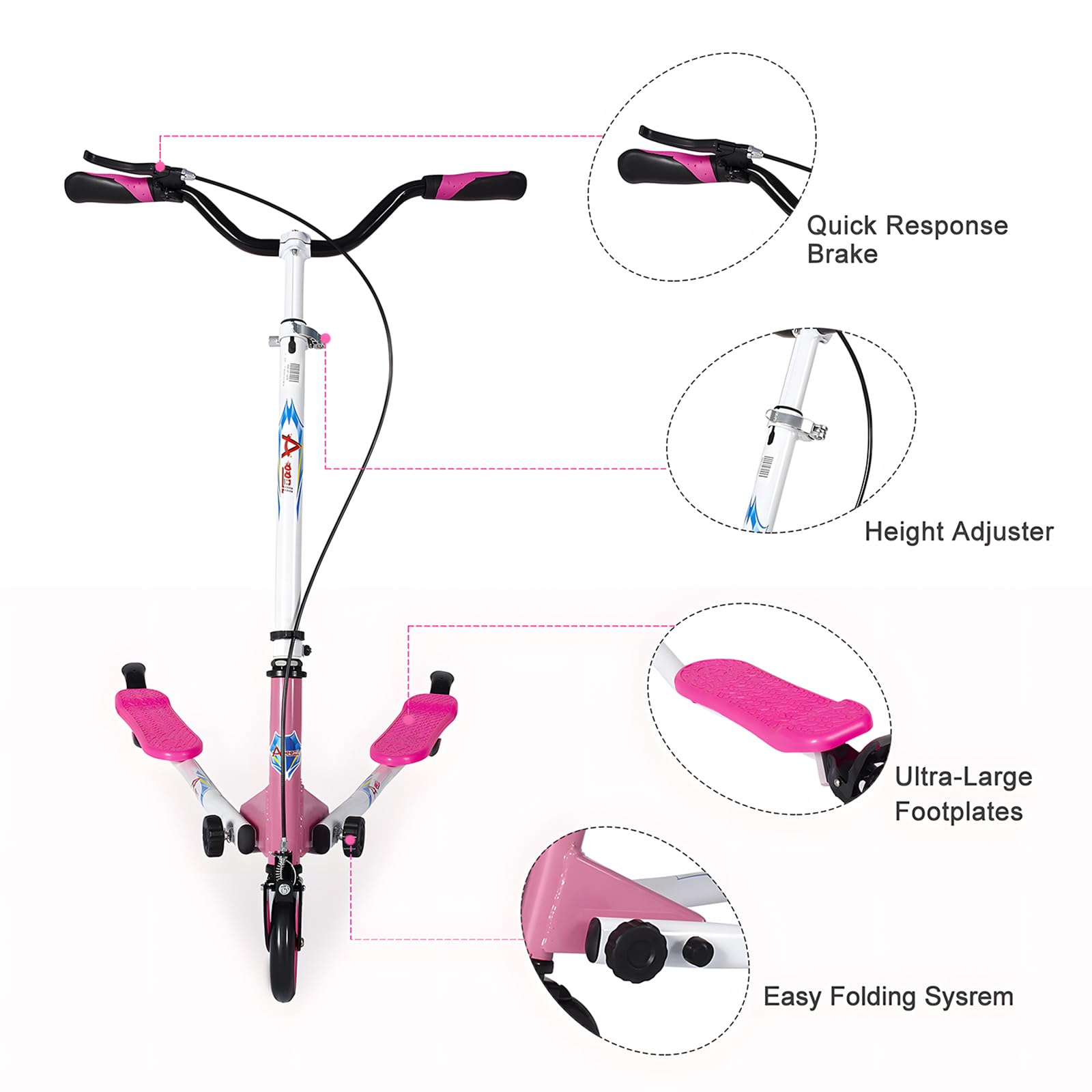 AOODIL Swing Scooter Adjustable 3 Wheels Foldable Wiggle Scooter Self Drifting for Kids/Adult Age 6 Years Old and Up (Pink)