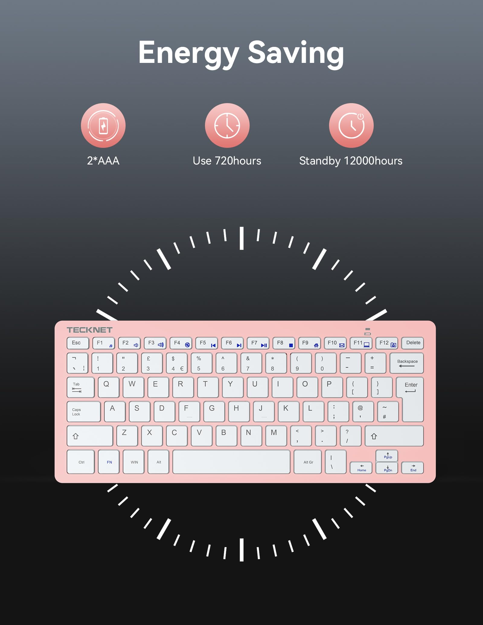 TECKNET 2.4G Wireless Keyboard For Windows/Chrome OS, UK Layout Compact Mini Keyboard, Small Silent Whisper-Quiet Keyboards with 12 months Battery Life (Pink)