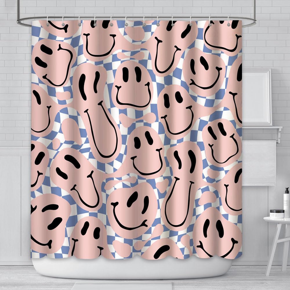 AIBIIN 180x180cm Retro 70s Pink Smiley Shower Curtain Hippie Teen Girls Cute Groovy Bathroom Decor Accessory Funky bath Curtains Decor Set with 12