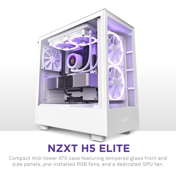 NZXT H5 Flow RGB - Compact ATX Mid-Tower PC Gaming Case - High Airflow - F360 RGB Core (CV) Included - 360mm Front & 240mm Top Radiator Support - Cable Management - Tempered Glass - White