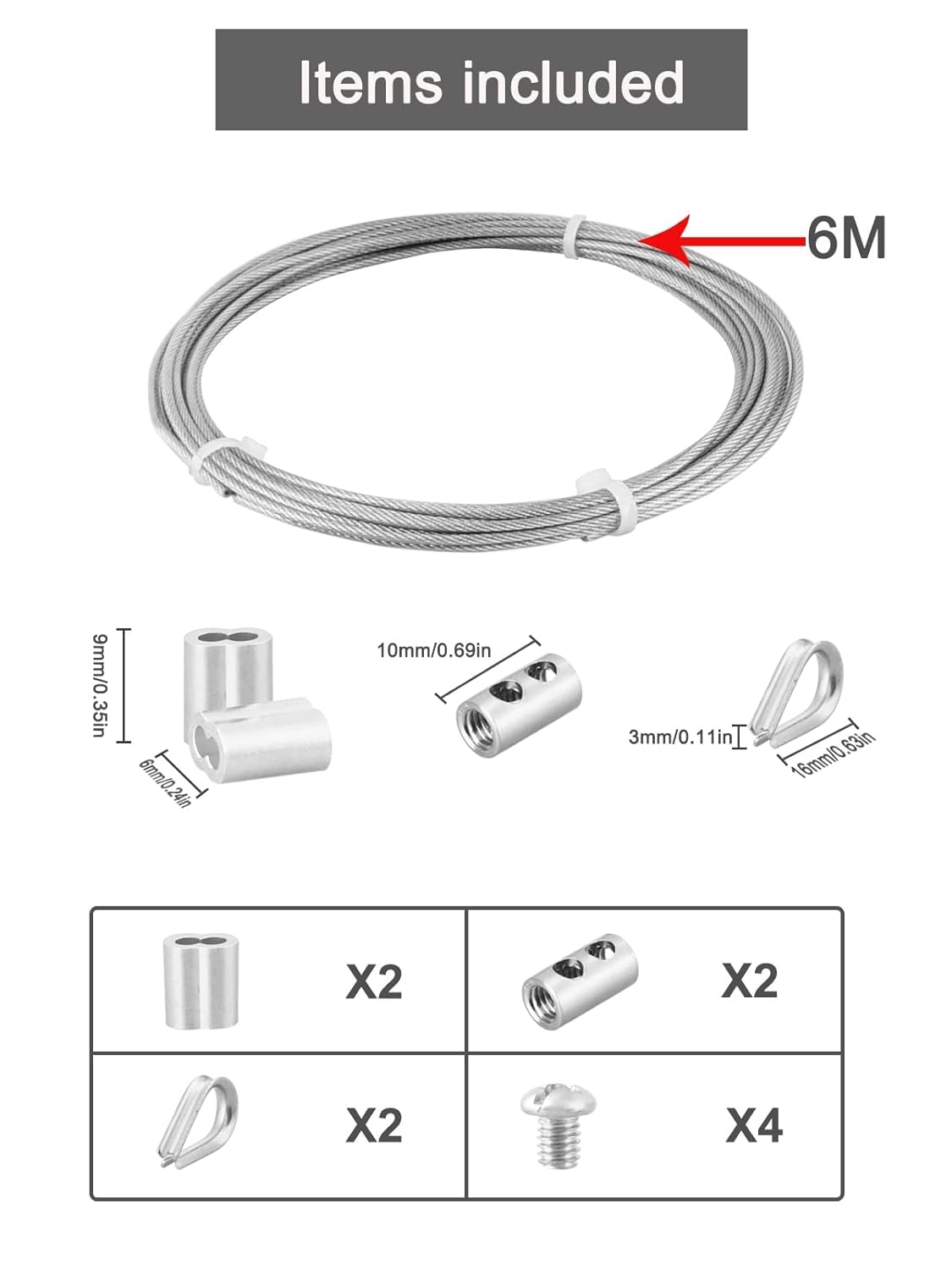 Abimars Wire Rope 2mm, 6m Stainless Steel Garden Wire Rope Cable with Crimping Aluminum, 7x7 Strand Core Metal Cable Wire Rope for Fence, Picture Hanging,Clothes Line