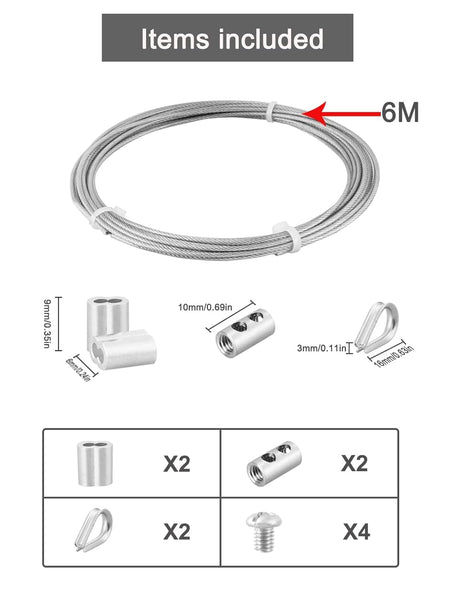 Abimars Wire Rope 2mm, 6m Stainless Steel Garden Wire Rope Cable with Crimping Aluminum, 7x7 Strand Core Metal Cable Wire Rope for Fence, Picture Hanging,Clothes Line