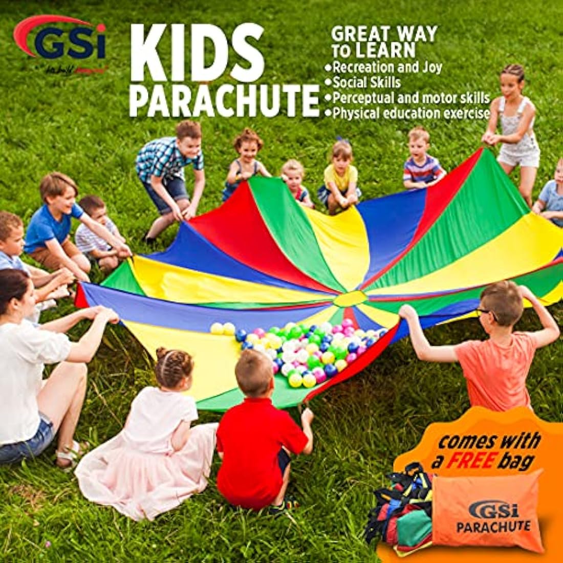 GSi Kids Play Parachute Rainbow Parachute Toy Tent Game for Children Gymnastic Cooperative Play and Outdoor Playground Activities (35 Feet)