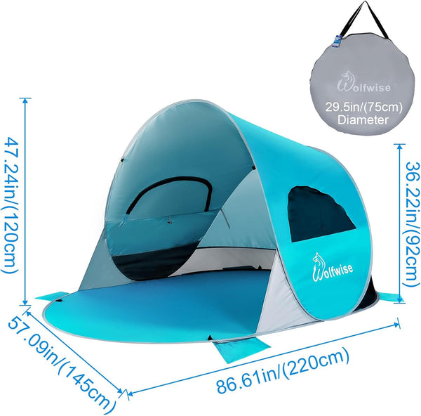 Wolfwise 3-4 Person Pop Up Beach Tent UPF 50+ Family Baby Sun Shelter Canopy Sport Umbrella Sun Shade Tent, Blue