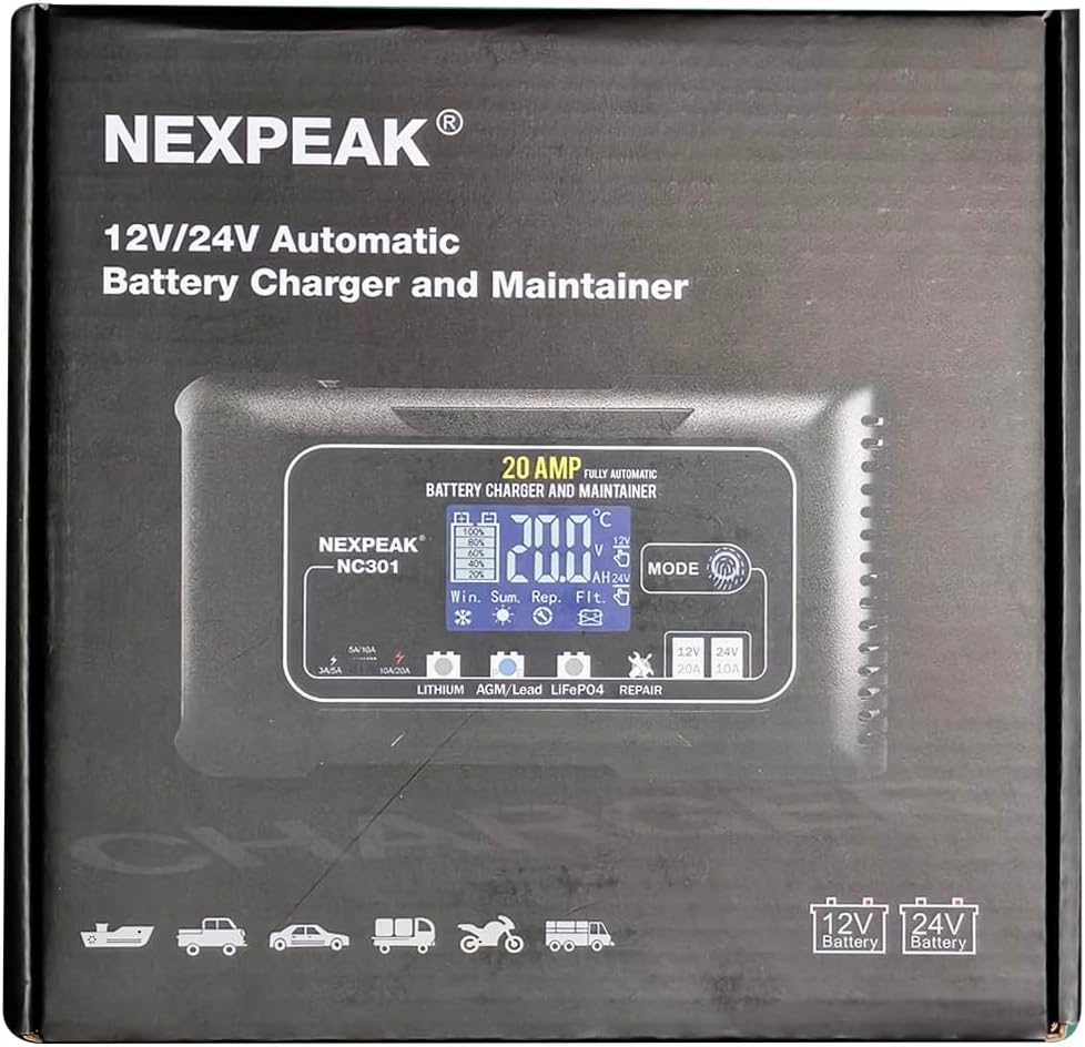 Battery Charger 10A, NEXPEAK 12V 24V LiFePO4 Car Battery Chargers, Automatic Maintainer with Temperature Compensation for Car Motorcycle Truck, AGM, Gel, Wet, SLA