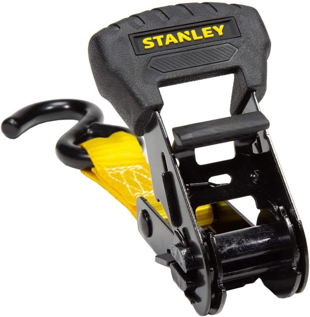 STANLEY S1007 Black/Yellow 1.5" x 16' Ratchet Tie Down Straps - 1,100 lb Safe Working Load / 3,300 lb Break Strength, 2 Pack