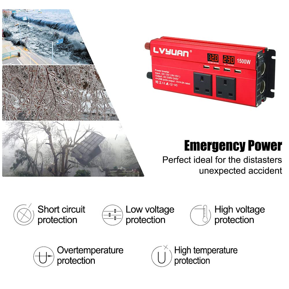 LVYUAN Power Inverter 12V to 240V AC Car Converter 600W /1500W Peak 4 USB 2 AC Sockets Dual Car cigarette lighter socket With 2 LED