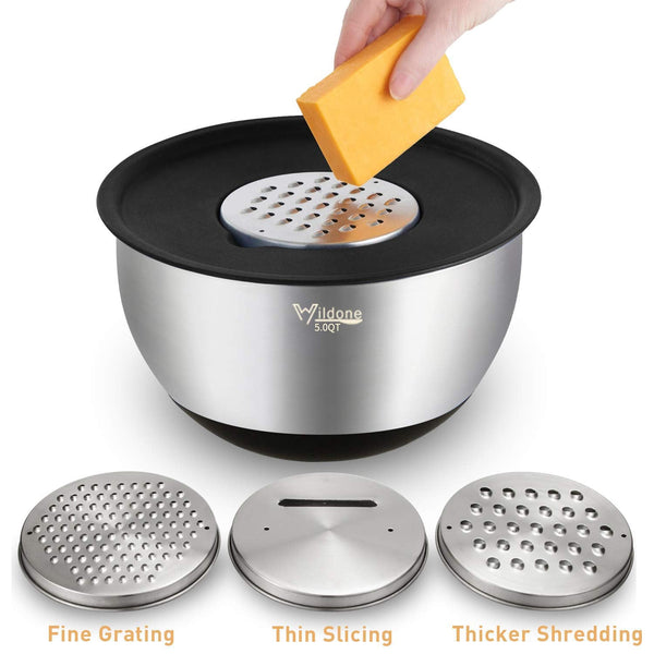 Wildone Mixing Bowls Set of 5, Stainless Steel Nesting Bowls with Airtight Lids, 3 Grater Attachments, Measurement Marks & Non-Slip Bottoms, Size 5,