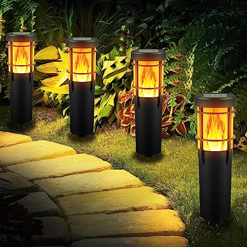 Ainostone Solar Torches 4 Pieces Solar Flame Lamp RGBW Solar Lights Flickering IP65 Waterproof Garden Torch Color Change 2 Lighting Modes for Outdoor,