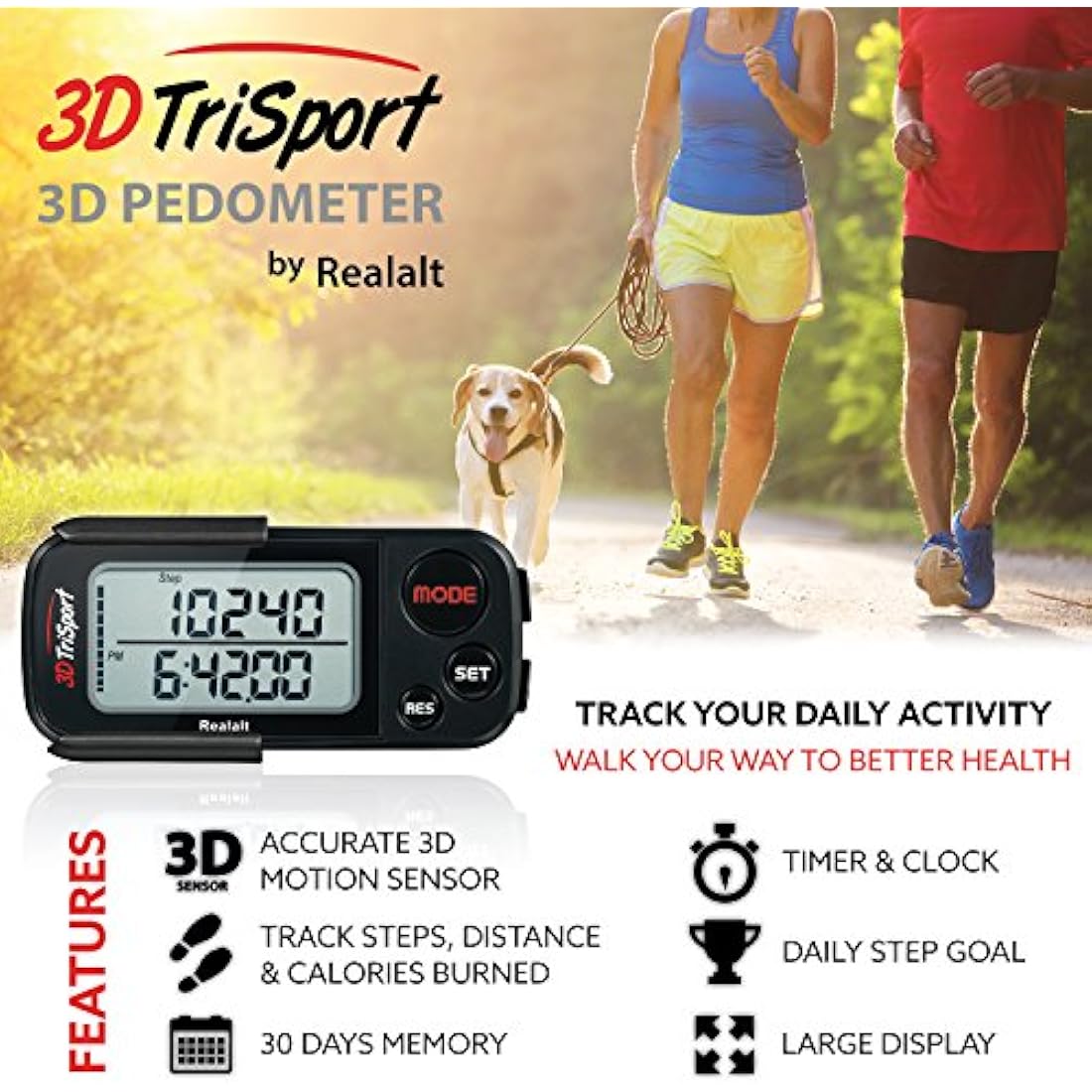 3DTriSport Walking 3D Pedometer with Clip & Strap, eBook Included | 30 Days Memory, Accurate Step Counter, Walking Distance Miles/Km, Calorie Counter, Daily Exercise Time Monitor