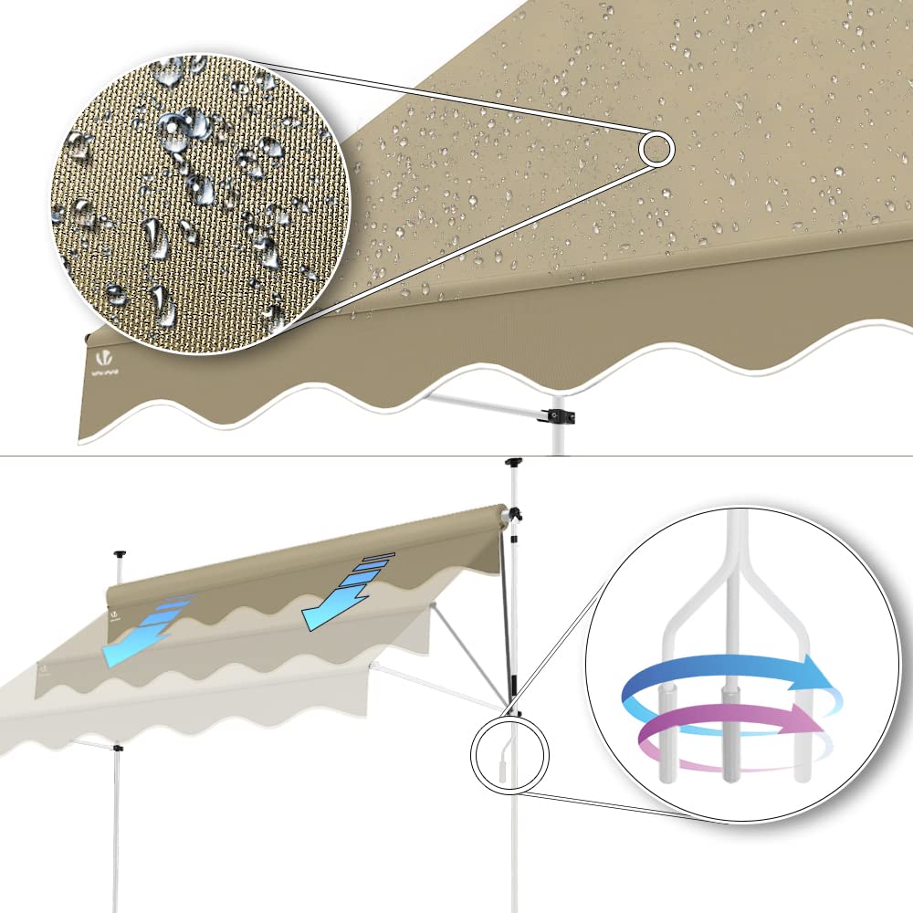 VOUNOT? 2.5 x 1.2m Patio Telescopic Awning, Retractable Manual Awning, Adjustable Waterproof Canopy with Hand Crank, Balcony Sun Shade Shelter, Beige