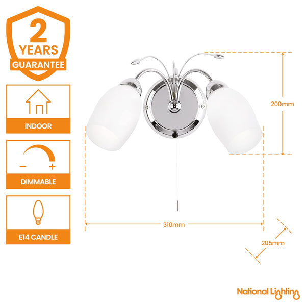 Albert Decorative Wall Light  Dimmable Indoor Home Lights - Wall Light With Pull Chord Switch  Led Sconce 40W Twin Wall Lamp  IP44 Rated Hallway