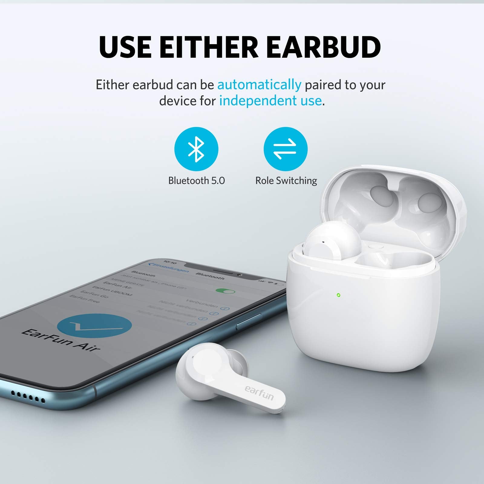EarFun Wireless Earbuds, [What Hi-Fi Awards] Air Bluetooth In-Ear Headphones with 4 Mics ENC, Sweatshield™ IPX7 Waterproof, Clear Sound, Deep Bass, Wireless Charge, Game Mode, App Customize EQ, 35H