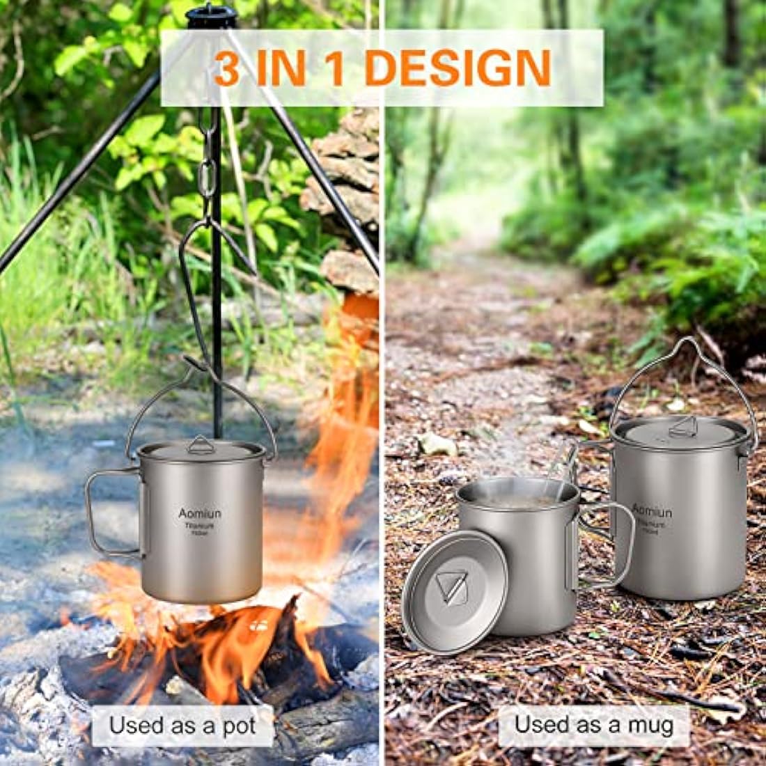 HUIOP titanium pot, Ultralight 750ml Titanium Pot Portable Titanium Water Mug Cup with Lid and Foldable Handle Outdoor Camping Cooking Picnic