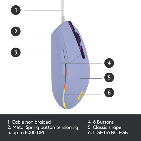 Logitech G203 LIGHTSYNC Gaming Mouse with Customizable RGB Lighting, 6 Programmable Buttons, Gaming Grade Sensor, 8K DPI Tracking, Lightweight - Lilac