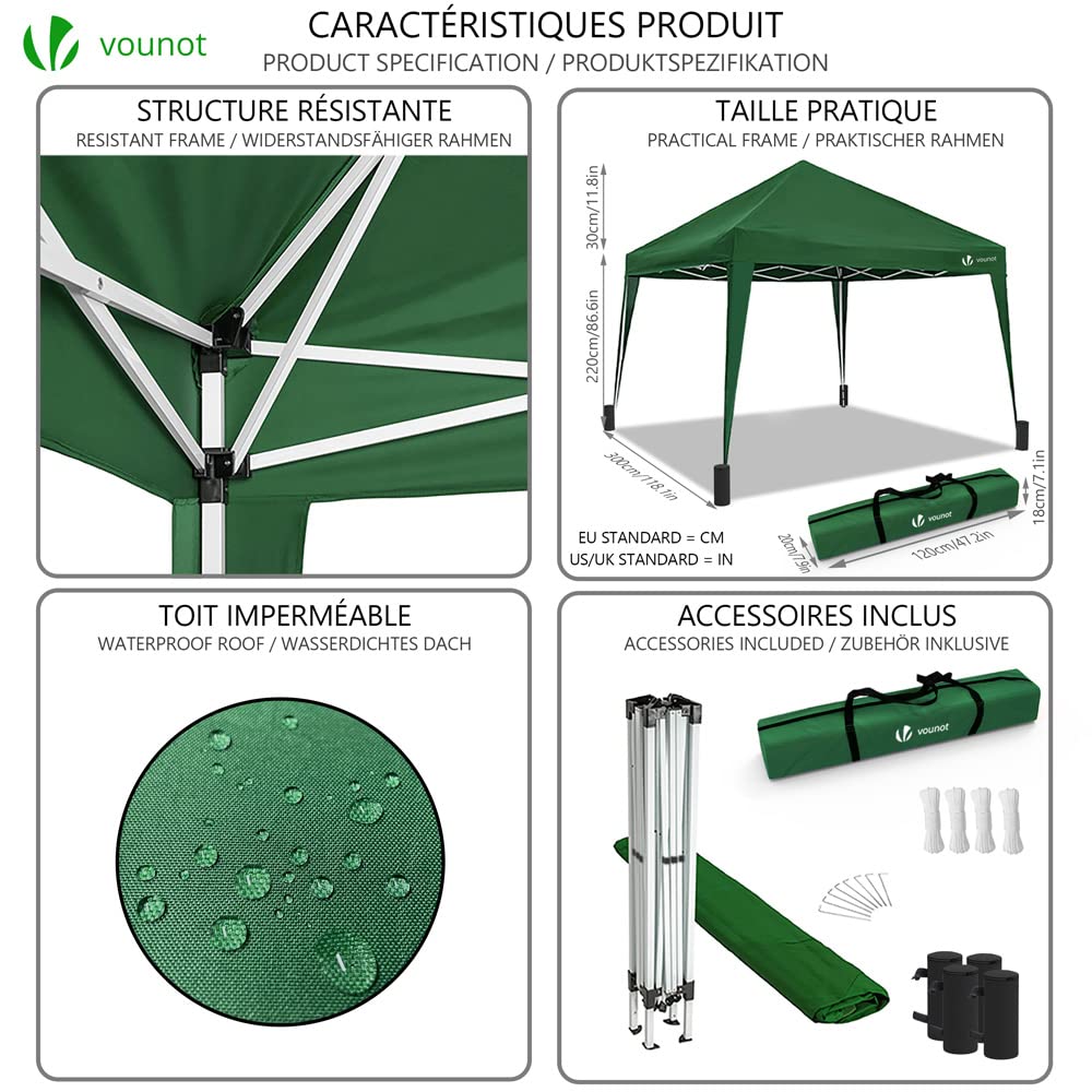 VOUNOT 3m x 3m Pop Up Gazebo with Sides & 4 Weight Bags & Carry Bag, Marquee Garden Party Tent Outdoor, Grey