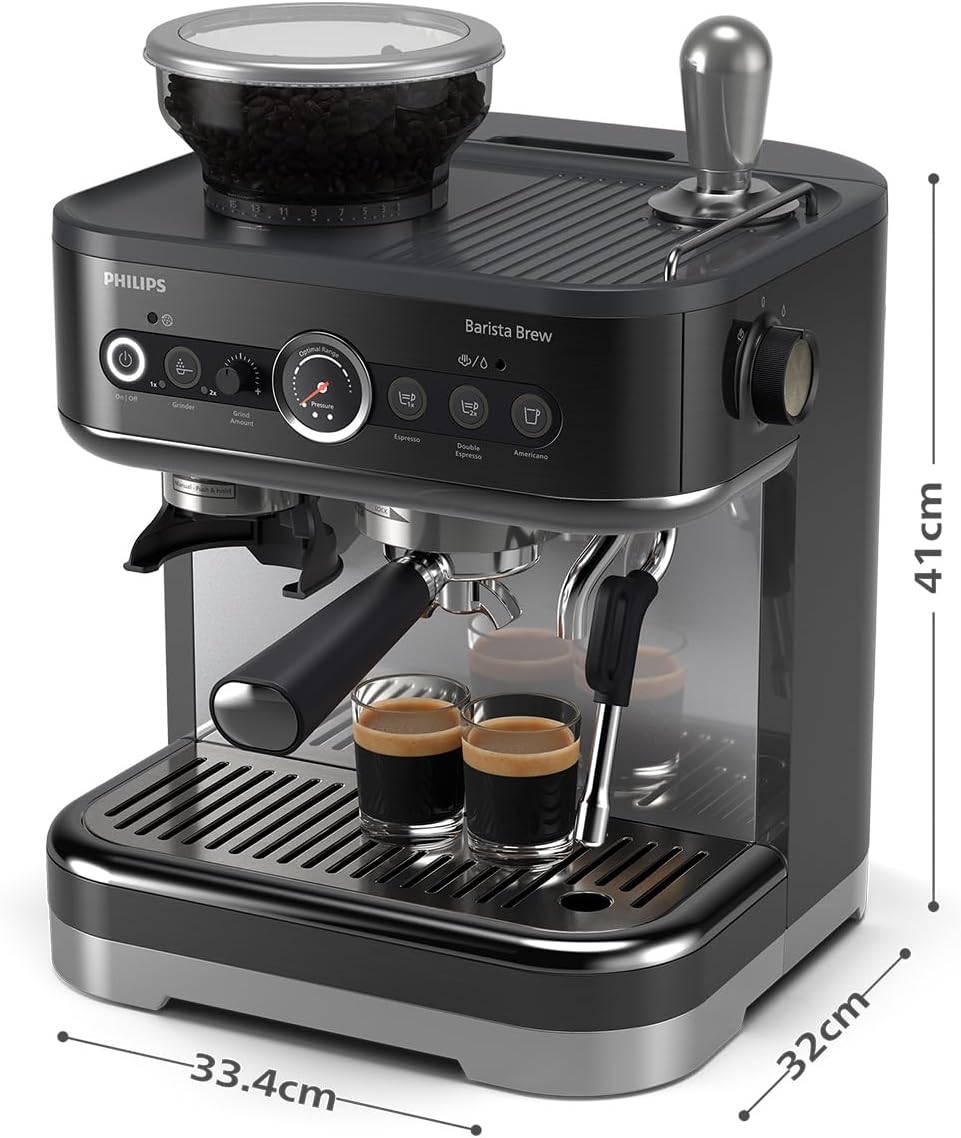 PHILIPS Barista Brew Semi Automatic Espresso Machine - Single & Double Espresso + Americano Button, 250g Bean Container, Intuitive Guidance, Calibrated Tamping, Metal Black (PSA3218/10)