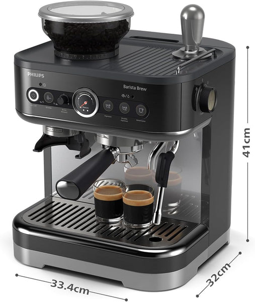 PHILIPS Barista Brew Semi Automatic Espresso Machine - Single & Double Espresso + Americano Button, 250g Bean Container, Intuitive Guidance, Calibrated Tamping, Metal Black (PSA3218/10)