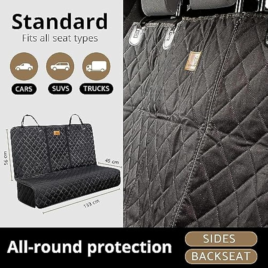 AMZPET Dog Car Seat Cover (Universal: 133cm) - Waterproof, Non-slip & Scratch-Proof - Not Isofix Compatible