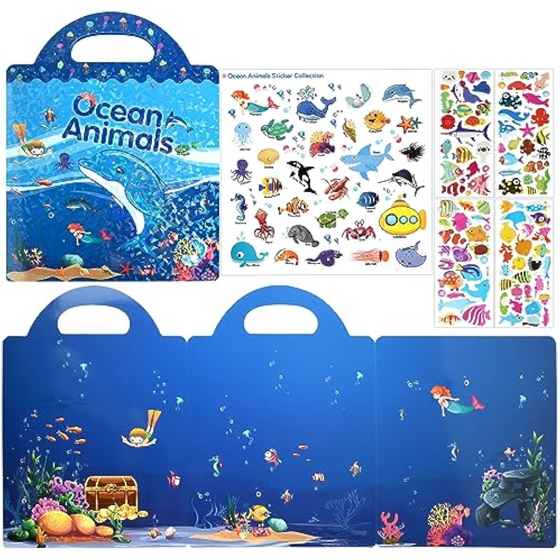 ASTARON Reusable 3D Puffy Sticker Book for Kids, 88 Pcs Cute Waterproof Ocean Animals Stickers, Puffy Sticker Game Travel Stickers and Educational Sensory Learning Toy（3-6 Age）