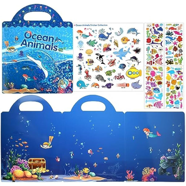 ASTARON Reusable 3D Puffy Sticker Book for Kids, 88 Pcs Cute Waterproof Ocean Animals Stickers, Puffy Sticker Game Travel Stickers and Educational Sensory Learning Toy（3-6 Age）