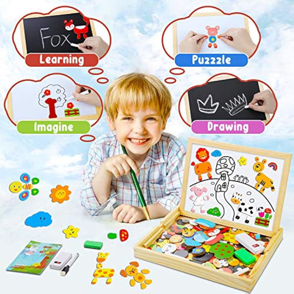 COOLJOY 100+ PCS Wooden Magnetic Puzzle, Magnetic Puzzle Board, Cute Pets Pattern Games Double Sided Jigsaw, Educational Drawing Easel Blackboard Wood Toys For Kids Up 3 Years Old Imagination