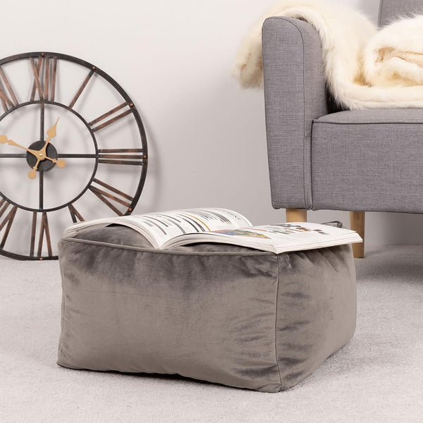 icon Amara Velvet Bean Bag Footstool, Charcoal Grey, Pouffe Footstool with Filling Included, Footrest, Bedroom, Living Room, Living Room Furniture