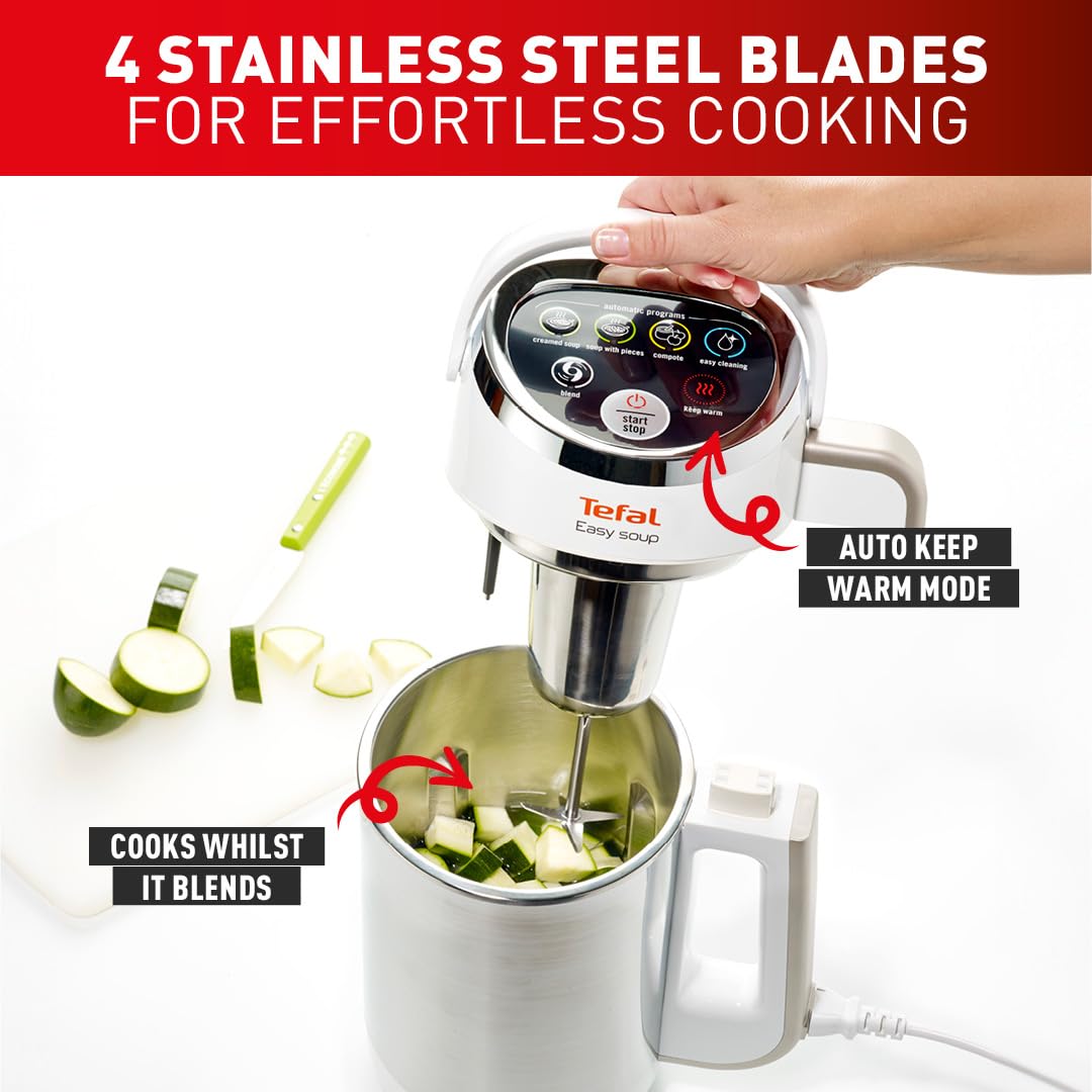 Tefal Blender & Soup Maker Perfectmix Cook, 2L, 10 Auto Programs, Smoothie Maker, Removable Blades, Cleaning Program & Brush, Glass Jug, Tamper, Hot & Cold Kitchen Blender, Cooking, BL83SD65