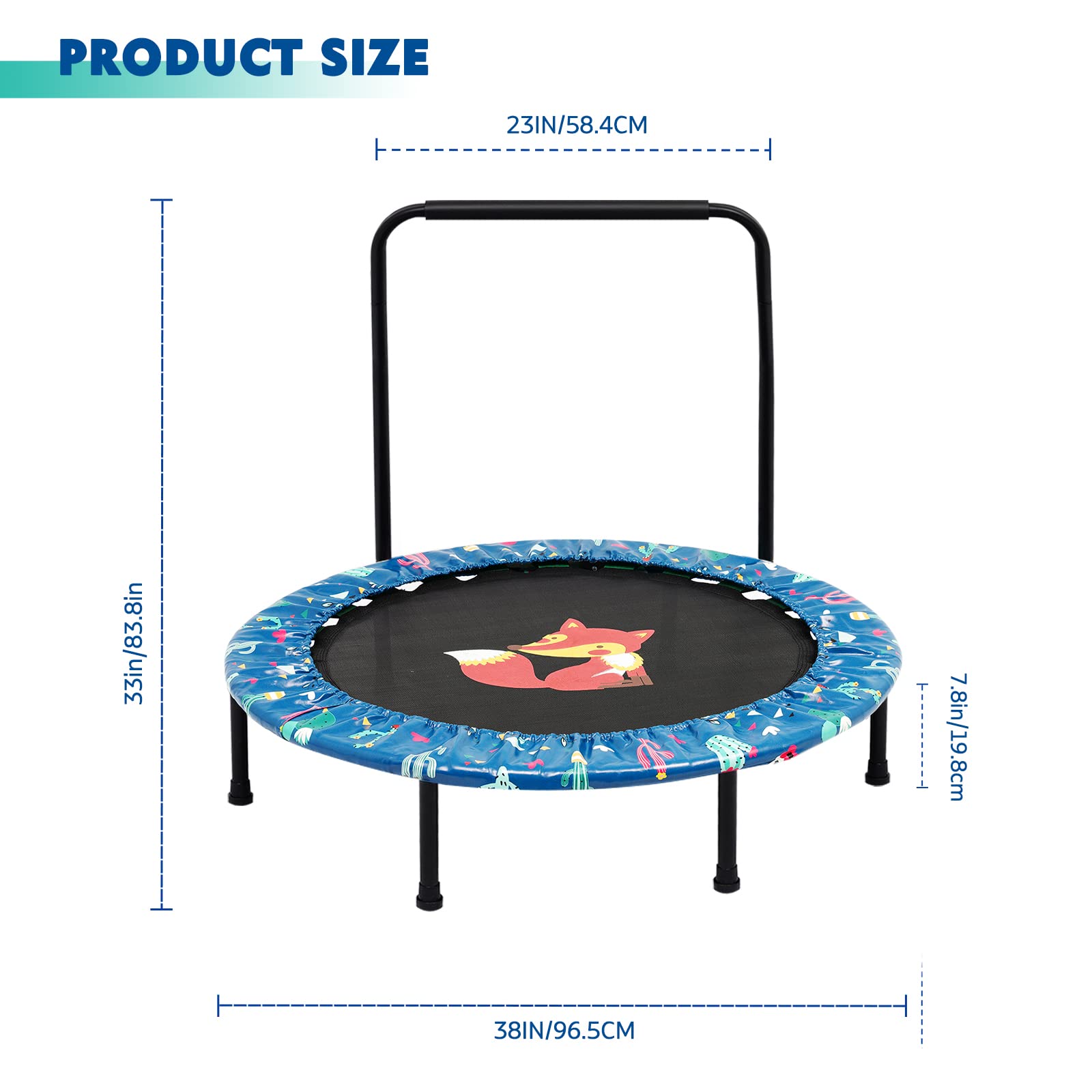 38'' Kids Mini Trampoline Foldable Fitness Body Exercise Rebounder with Foam Handle Safety Padded Cover Round Trampoline Folding Bungee Indoor Outdoor