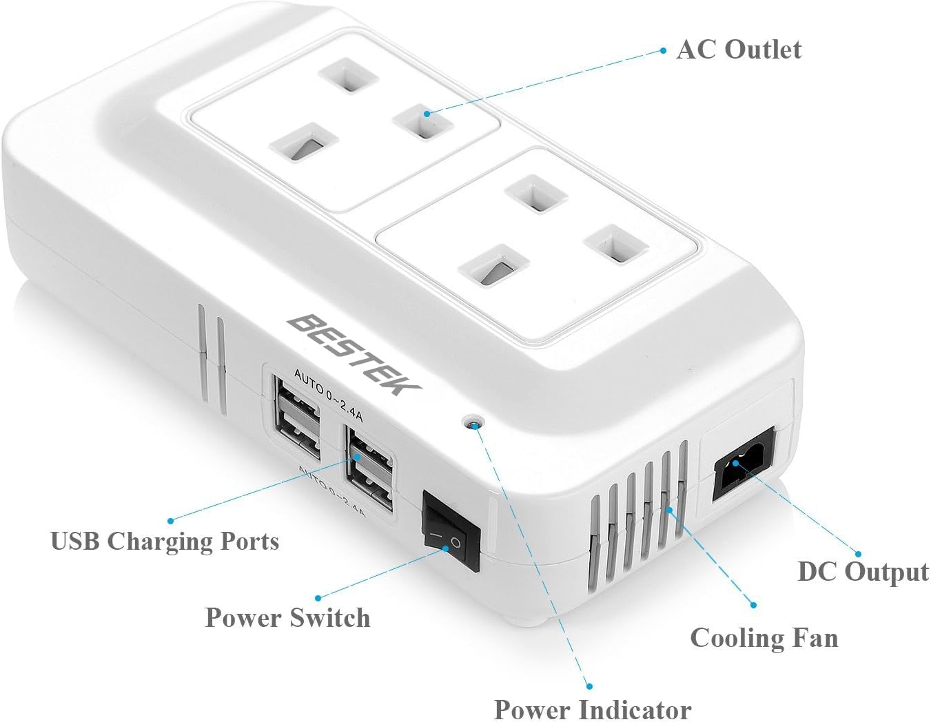 BESTEK 200W Power Inverter DC 12V to AC 230V 240V Dual Socket Car Voltage Converter Transformer with 4 USB Car Charger