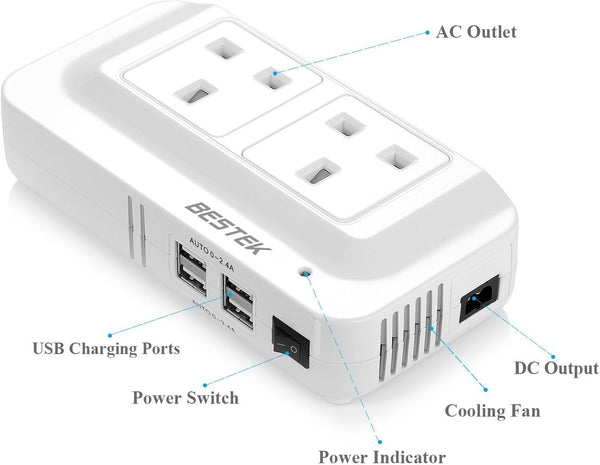 BESTEK 200W Power Inverter DC 12V to AC 230V 240V Dual Socket Car Voltage Converter Transformer with 4 USB Car Charger