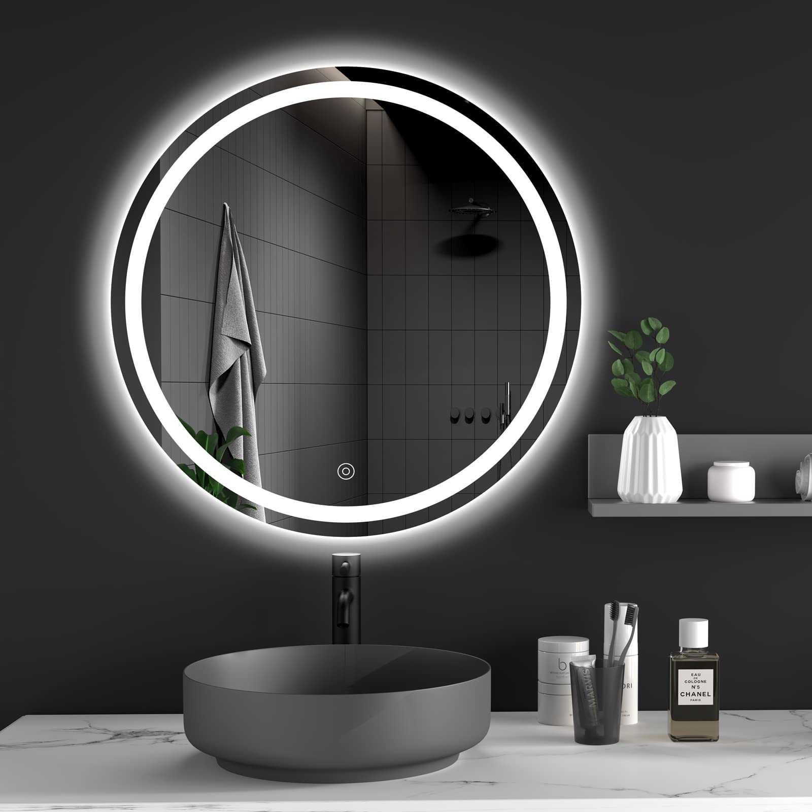 Dripex 500 mm Round LED Bathroom Mirror, Wall Mounted Circle Makeup Mirror with Cold White Light, Anti-Fog, IP44, Backlit + Front Light
