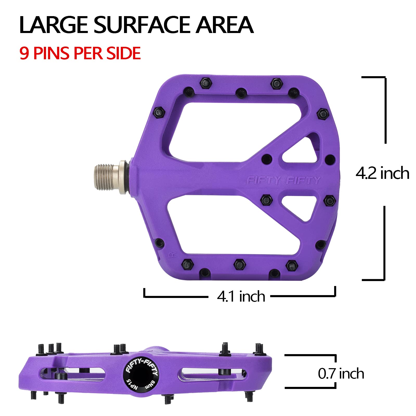 FIFTY-FIFTY Mountain Bike Pedals, Non-Slip MTB Nylon Composite, 9/16" Bicycle Pedals, Lightweight and Wide Flat Platform (Purple)