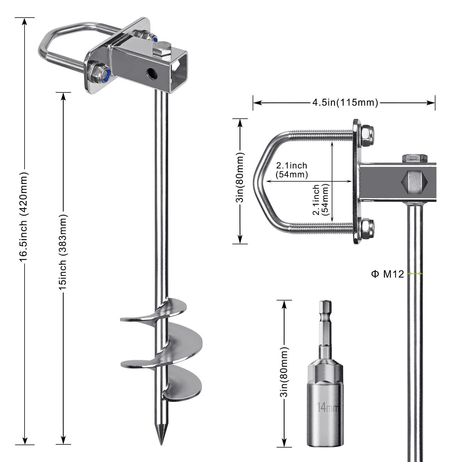 Insaga Tent Peg, 42cm Heavy Duty Ground Anchor Large Metal Sand Earth Stake Spiral Blade Screw in Trampolines Spike for Swing