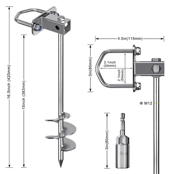 Insaga Tent Peg, 42cm Heavy Duty Ground Anchor Large Metal Sand Earth Stake Spiral Blade Screw in Trampolines Spike for Swing