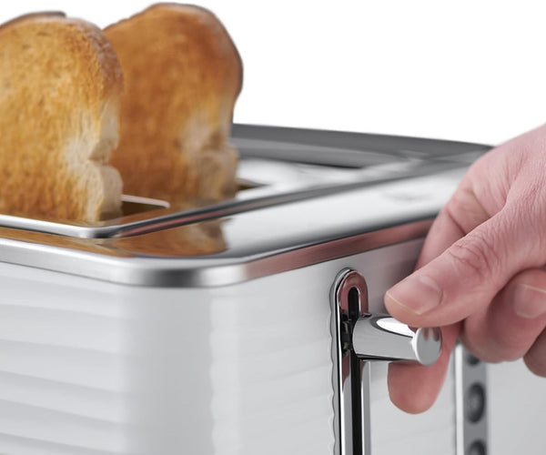 Russell Hobbs Inspire 4 Slice Toaster (Extra wide slots, High lift feature, 6 Browning levels, Frozen/Cancel/Reheat function with Blue LED illumination, 1800W, White textured high gloss) 24380