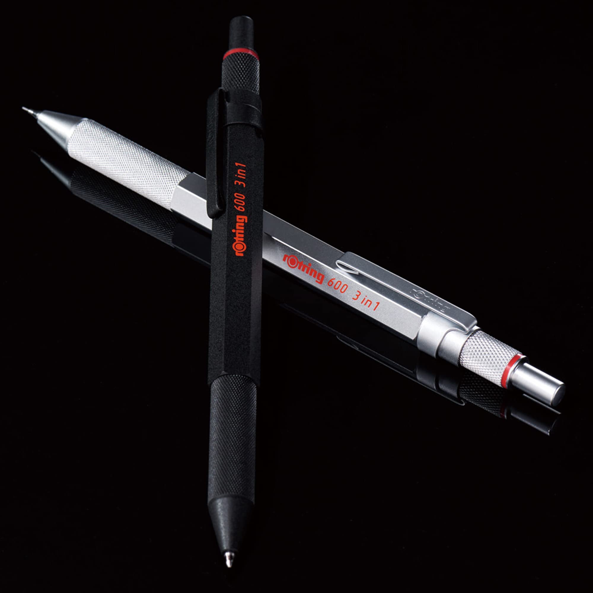 rOtring 600 3-in-1 Multicolour Pen and Mechanical Pencil | Black & Red Ballpoint Pen Tips | 1 Mechanical Pencil Tip (0.5mm) | Silver Barrel